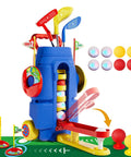 Kid Friendly Golf Set For Indoor And Outdoor Play Featuring 3 adjustable clubs, 8 balls, mobile golf cart, tees, flags.