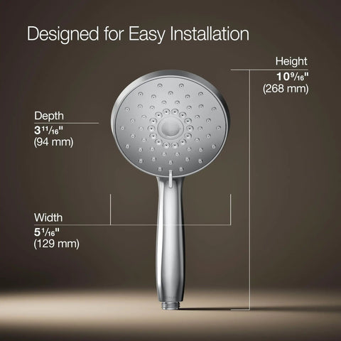 Forté Four-Function Handshower With Nonpositive Shutoff, 3 Spray Modes, 2.5 GPM in Polished Chrome, dimensions labeled
