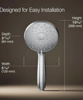 Forte Multifunction Handheld Shower Head With Three Spray Settings, detailed dimensions, polished chrome finish.
