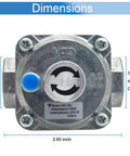 NG LPG convertible gas regulator with dual adapters, showing dimensions and inlet/outlet size, suitable for grills and stoves.