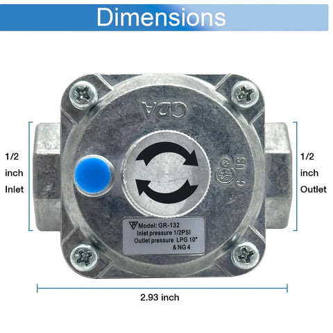NG LPG convertible gas regulator with dual adapters, showing dimensions and inlet/outlet size, suitable for grills and stoves.