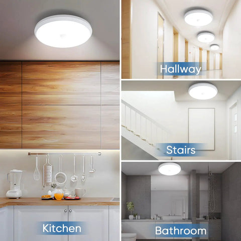 Flush Mount RGB Ceiling Light 12 Inch 24W in kitchen, hallway, stairs, bathroom setup; remote and app control