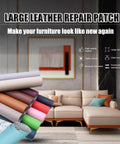 Large leather repair patch rolls displayed beside a modern sofa, showcasing various colors and textures in a living room setting.