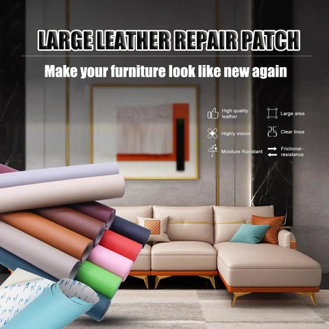Large lychee grain PU leather repair patch displayed with sofas and fabric rolls, emphasizing high-quality repair for furniture.