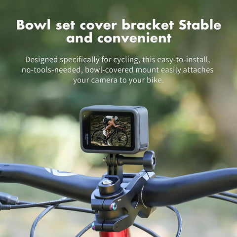 Close-up of Aluminum Alloy Bike Headset and Handlebar Stem Mount for Action Cameras Center Mount on bike with GoPro attached.