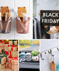Collage of household items including bear toothbrush holders, Black Friday sign, gifts, car decor, and wall hooks.
