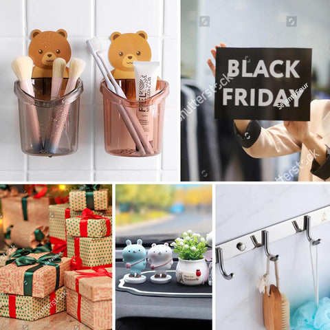 Collage of household items including bear toothbrush holders, Black Friday sign, gifts, car decor, and wall hooks.