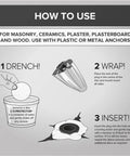 Instructions for using anchor patch kit: drench disc in water, wrap anchor, and insert into wall hole. For various materials.