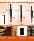 Heavy Duty Self Centering Drill Bit Set With Spring Guide Quarter Inch Hex Shank Kit For Cabinet Hinges Door Plates displayed with dimensions.