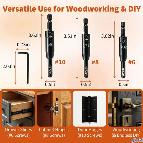 Heavy Duty Self Centering Drill Bit Set With Spring Guide Quarter Inch Hex Shank Kit For Cabinet Hinges Door Plates displayed with dimensions.