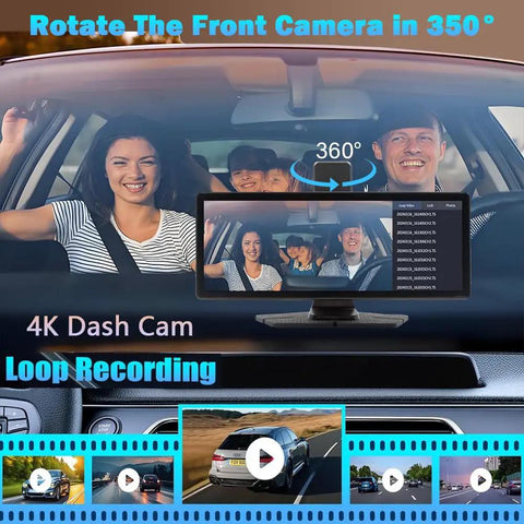 All In One Wireless CarPlay Screen For Cars With 10.26 Inch 4K Front Dash Cam showing 360° rotation feature and loop recording display