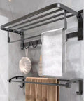 Pro Grade Heavy Duty Aluminum Wall Mount Towel Rack With Shelf And Hooks 24 Inch Double Foldable Towel Bar Matte Black Bathroom Organizer