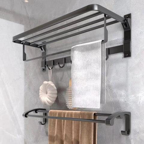 Pro Grade Heavy Duty Aluminum Wall Mount Towel Rack With Shelf And Hooks 24 Inch Double Foldable Towel Bar Matte Black Bathroom Organizer