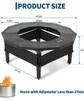 Fire Pit Table Surround with 360 Degree Safety Barrier in heavy-duty steel, dimensions labeled for campfire table use.