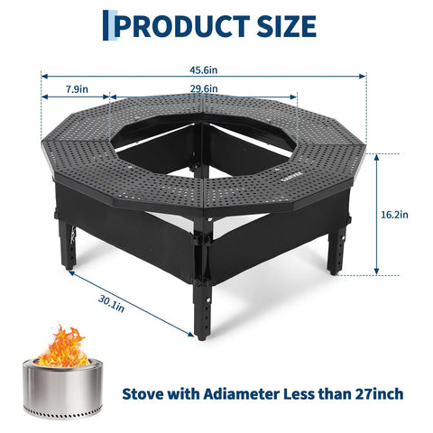 Fire Pit Table Surround with 360 Degree Safety Barrier in heavy-duty steel, dimensions labeled for campfire table use.