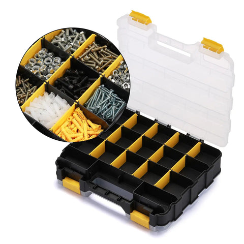 Dual Sided Tool Organizer Case With Impact Resistant Plastic 34 Compartment Hardware Box for Screws Nuts Bolts and Small Parts