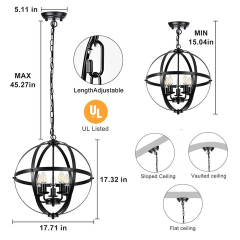 Vintage 5 Globe Pendant Light With Dope Adjustable Chain Metal Flush Mount Chandelier In Matte Black for various ceiling types.