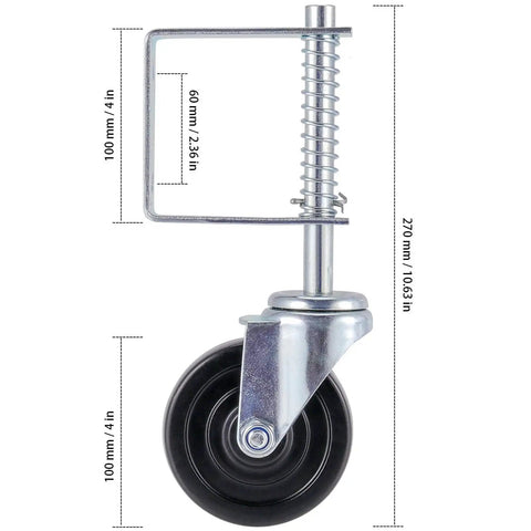 Beefed Up 4 Inch Gate Caster Wheel Set With Spring Loaded Swivel, Rugged Rubber And Steel Build, 250 To 500 Lb Load Capacity