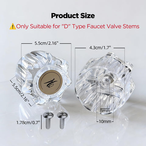 Shower Knob Replacement For D-Shaped Stem Two-Handle Faucets, clear acrylic knobs with screws and index buttons shown in detail.