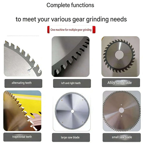 No Drama Electric Saw Blade Sharpener For Carbide Tipped Blades With Five Inch Grinding Wheel And Water Spray System, various blade types shown.