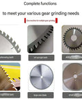 Top Shelf Heavy Duty Electric Circular Saw Blade Sharpener With 5 Inch Grinding Wheel And Water Cooling Rotary Table, various blades displayed, including alloy and large saw blades.
