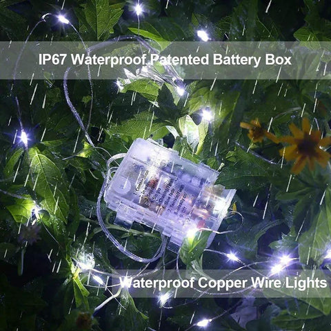Two Pack 33 Ft 100 LED Battery Operated Fairy String Lights with Remote Waterproof in plants