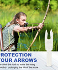 Archer using compound bow, white Beefy 4.2mm Arrow Nocks 30 Pack White Insert Nocks Replacement For Hunting And Target Archery displayed