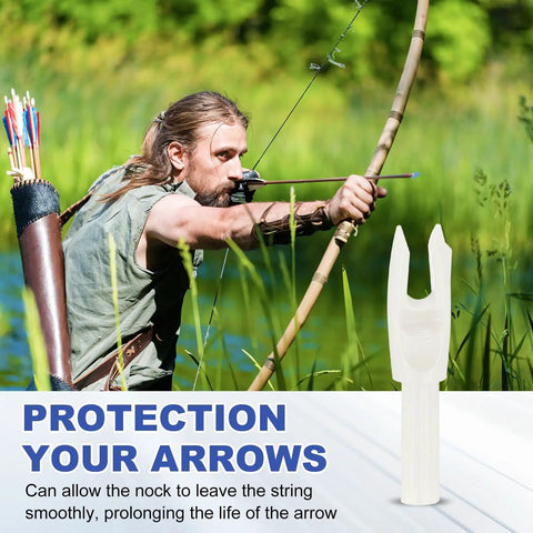 Archer using compound bow, white Beefy 4.2mm Arrow Nocks 30 Pack White Insert Nocks Replacement For Hunting And Target Archery displayed