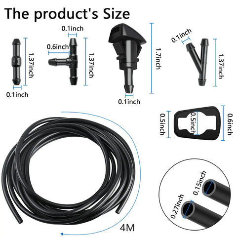 Chrysler Dodge Ram Windshield Washer Nozzle Kit Replacement With 157 Inch Windshield Fluid Hose 2 Sprayer Nozzles With Gaskets And 6 Hose Connectors Blue - components with sizes listed