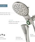 Close-up of Verso Spot Resist Nickel Round Rain Shower Head With Detachable Handshower Magnetic Docking System and 60 Inch Metal Hose.