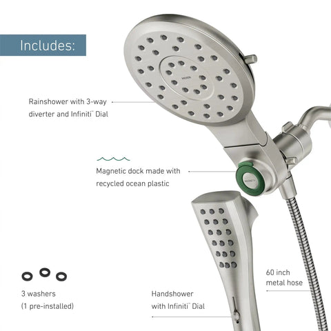 Close-up of Verso Spot Resist Nickel Round Rain Shower Head With Detachable Handshower Magnetic Docking System and 60 Inch Metal Hose.