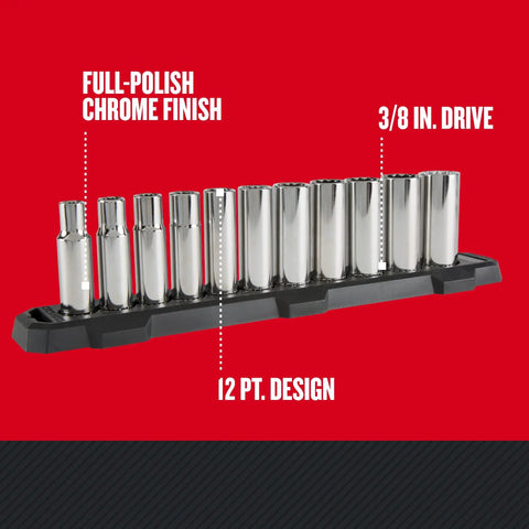 Deep Socket Set 1/2-Inch Drive SAE 12-Point, 11-Piece Workhorse displayed on holder, full-polish chrome finish visible