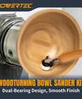 Bowl Sander Tool Kit For Woodturning With Double Bearing Holder and sanding a wooden bowl on a lathe.