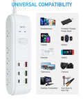 16-In-1 Power Strip with 10 Wide-Spacing Outlets, USB-C & USB-A Ports, shown with compatible devices including iPhone and tablet.