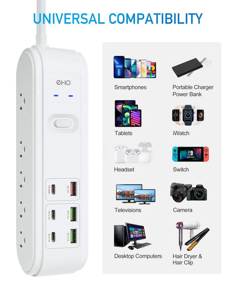 16-In-1 Power Strip with 10 Wide-Spacing Outlets, USB-C & USB-A Ports, shown with compatible devices including iPhone and tablet.
