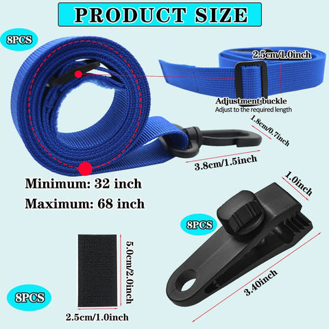 Heavy Duty Pool Solar Cover Noodle Keepers Kit For Inground Swimming Pools With Adjustable 65 Inch Straps showing blue straps and clips with size details.