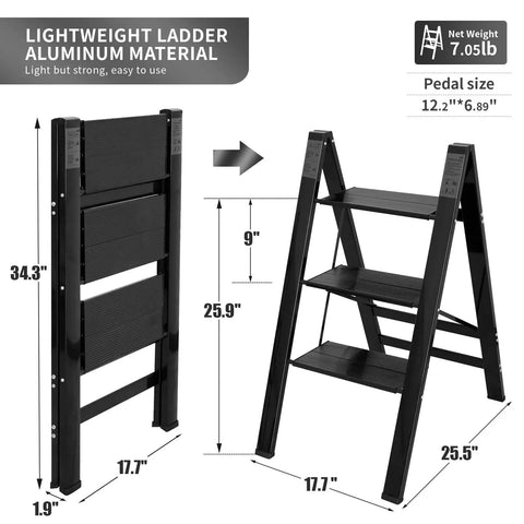 3 Step Folding Ladder Lightweight Aluminum Step Stool With Wide Anti Slip Pedals Sturdy 330 Lb Capacity shown open and folded