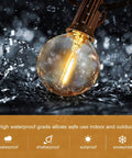 Outdoor Led String Lights 30Ft With 27 G40 Shatterproof Bulbs waterproof feature shown in rain close-up