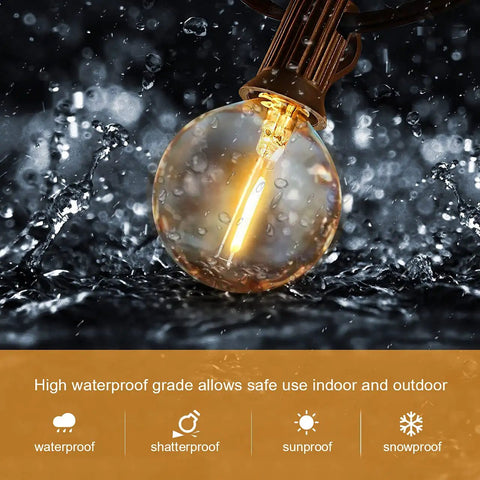 Outdoor Led String Lights 30Ft With 27 G40 Shatterproof Bulbs waterproof feature shown in rain close-up