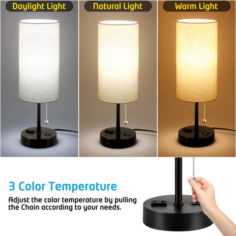 Two Pack Bedside Table Lamps With USB Charging Port And AC Outlet For Bedroom Or Living Room, showing 3 color temperatures.
