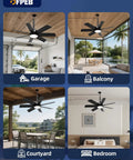 28 Inch Plug In Outdoor Ceiling Fan With Lights And Remote, shown in garage, balcony, courtyard, and bedroom settings.