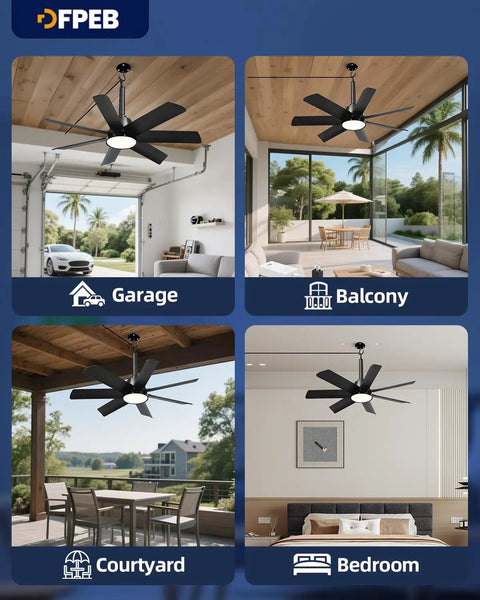 28 Inch Plug In Outdoor Ceiling Fan With Lights And Remote, shown in garage, balcony, courtyard, and bedroom settings.