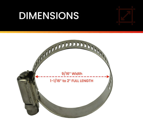 Stainless hose clamp, 9/16 in wide, fits 1-1/16 to 2 in diameter.