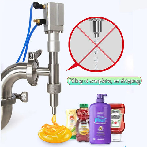 Liquid Filling Machine For Viscous Pastes And Sauces With Digital Metering shows stainless steel spout filling honey without dripping.