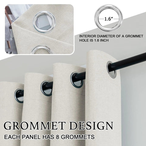 Close-up of Soft Faux Linen Curtains 63 Inch Long, Two Panels, showcasing grommet design for easy installation.