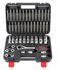 Front view of an open case showing BILTOOLS 50-piece shock absorber/strut nut socket set with ratchet adapters