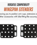 Pair of black Wingspan XL Aero Bar Armrest Extender plates, versatile design for triathlon and long-distance road bikes.