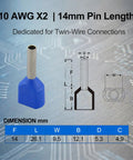 100 Pack 10 AWG Twin Wire Ferrules Red TE6014 Dual Wire Crimp Connectors shown with 14mm pin length and dimensions
