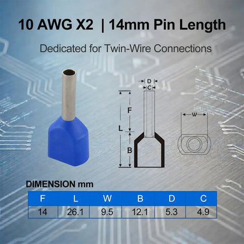 100 Pack 10 AWG Twin Wire Ferrules Red TE6014 Dual Wire Crimp Connectors shown with 14mm pin length and dimensions