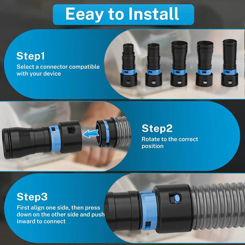 Smooth Operator Dust Control 16 Ft Shop Vac Hose Kit connectors installation steps with quick connect fittings and flexible hose.